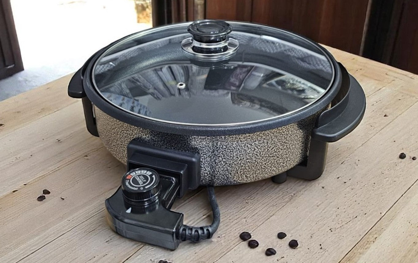 Elektrischer Pfanne / Pizzapfanne mit Glasdeckel (Multipfanne der Alleskönner) (wählbar in 32/5cm oder 36/7cm oder 42/9cm oder 42/13cm)