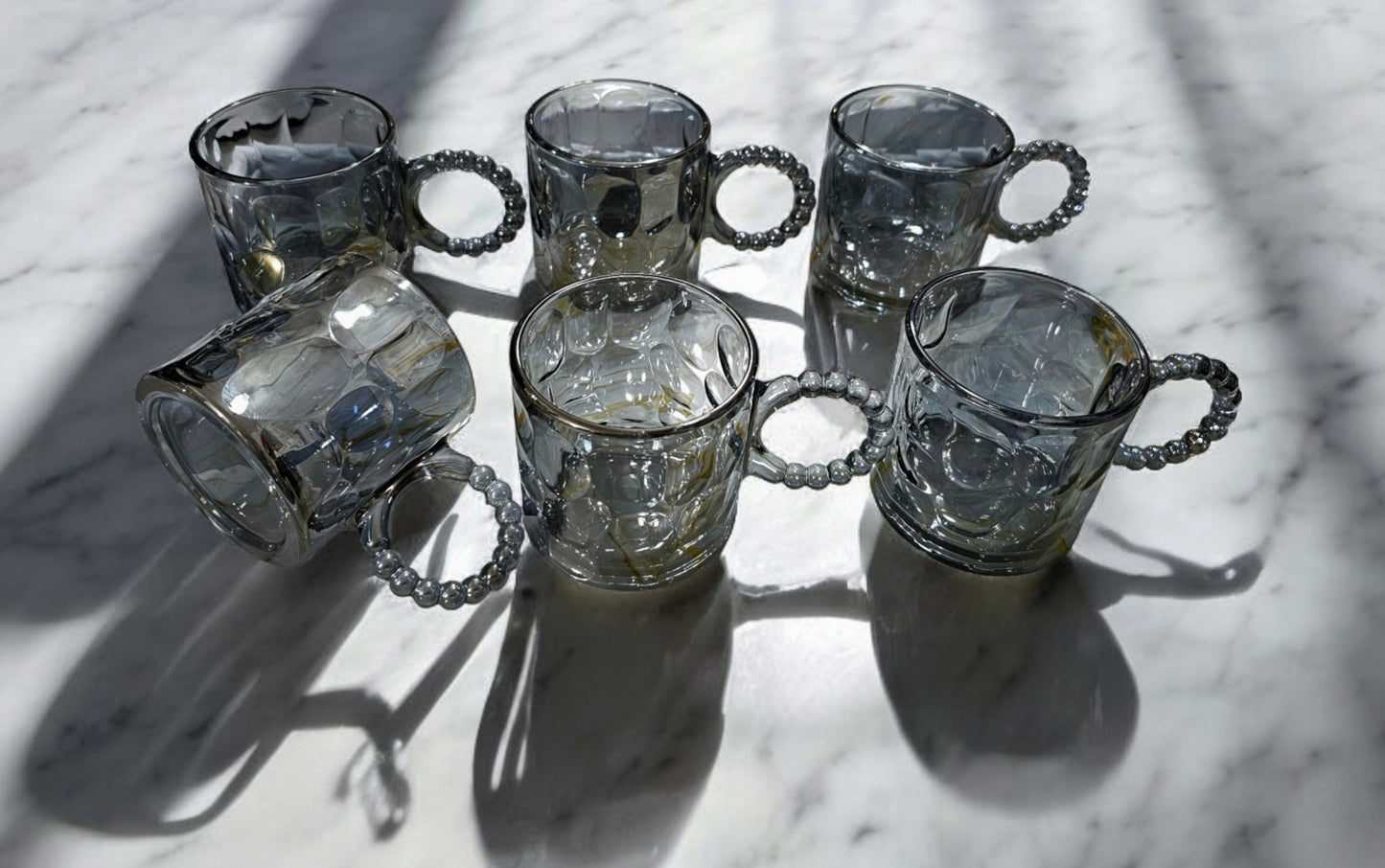 6 x Glass Mug Premium-Qualität Dekorativ & Elegant mit Perlen und Steinmuster 330ml