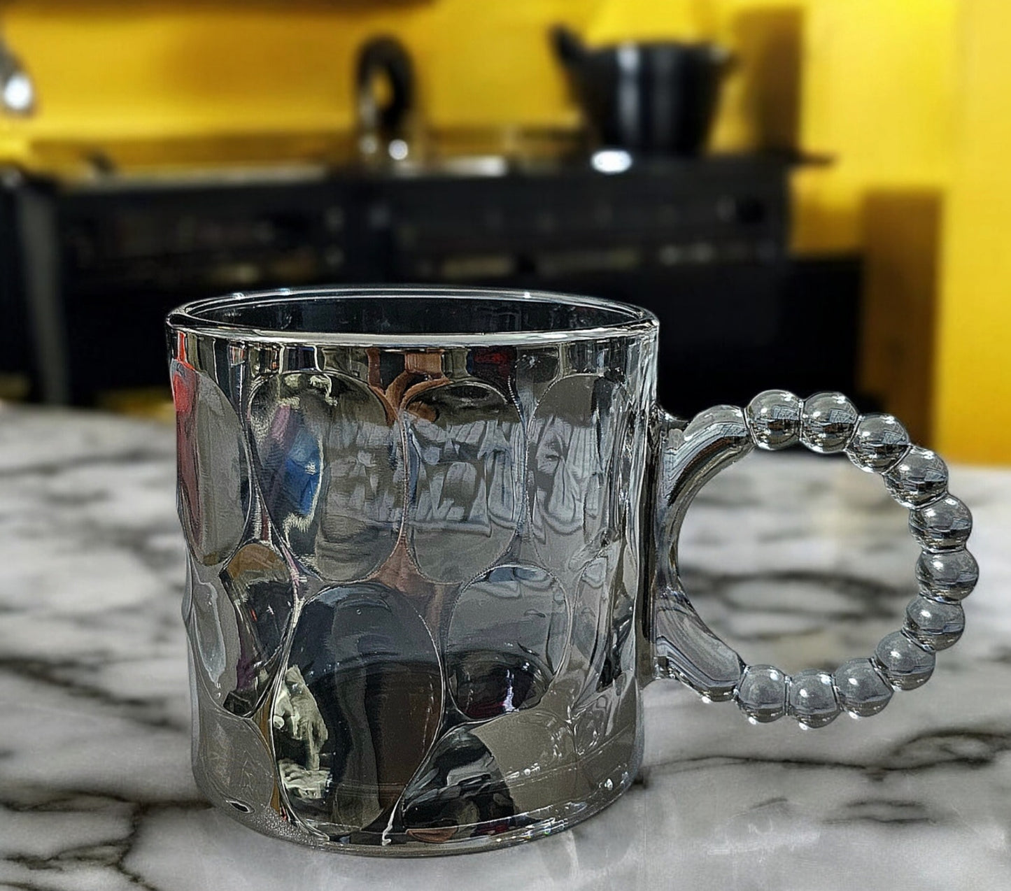 6 x Glass Mug Premium-Qualität Dekorativ & Elegant mit Perlen und Steinmuster 330ml