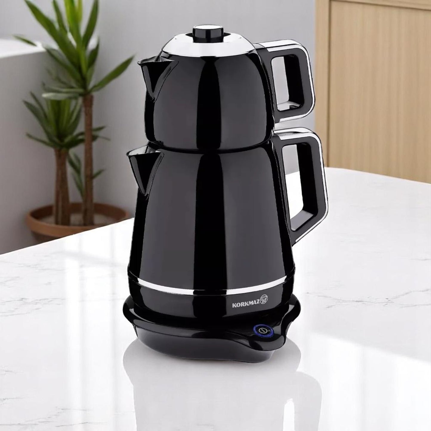 Korkmaz Demiks Schwarz A332-04 Elektrische Teemaschine – Edelstahl-Teekocher mit automatischer Abschaltung (Oben 1.1l + Unten 1,7l)
