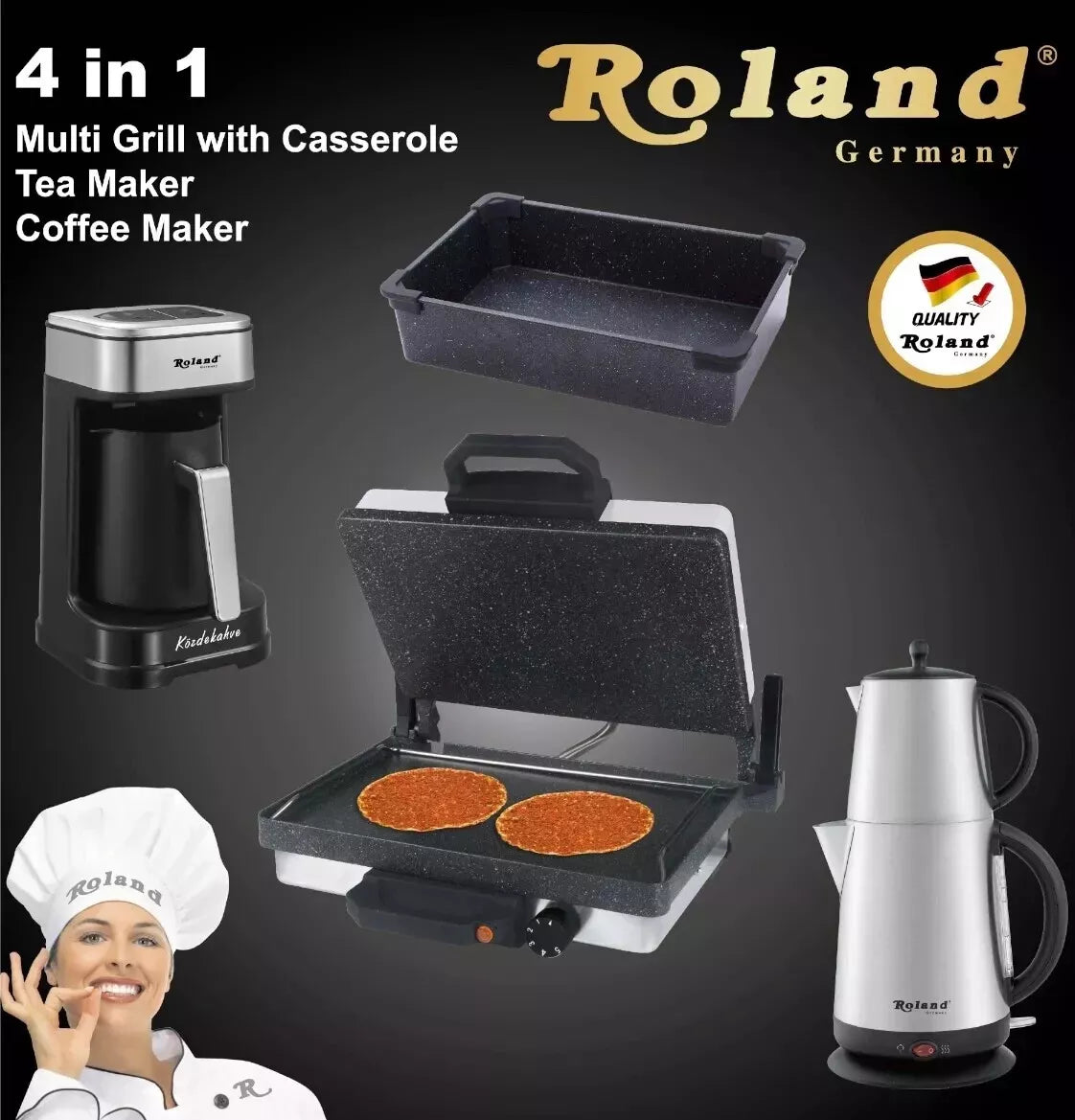 Roland 4in1 Set (Roland 4in1 Mulitgrill Set mit Teekocher/Kasserolle für Multigrill/Közde Kahve Mokkakocher) - Dreamduft