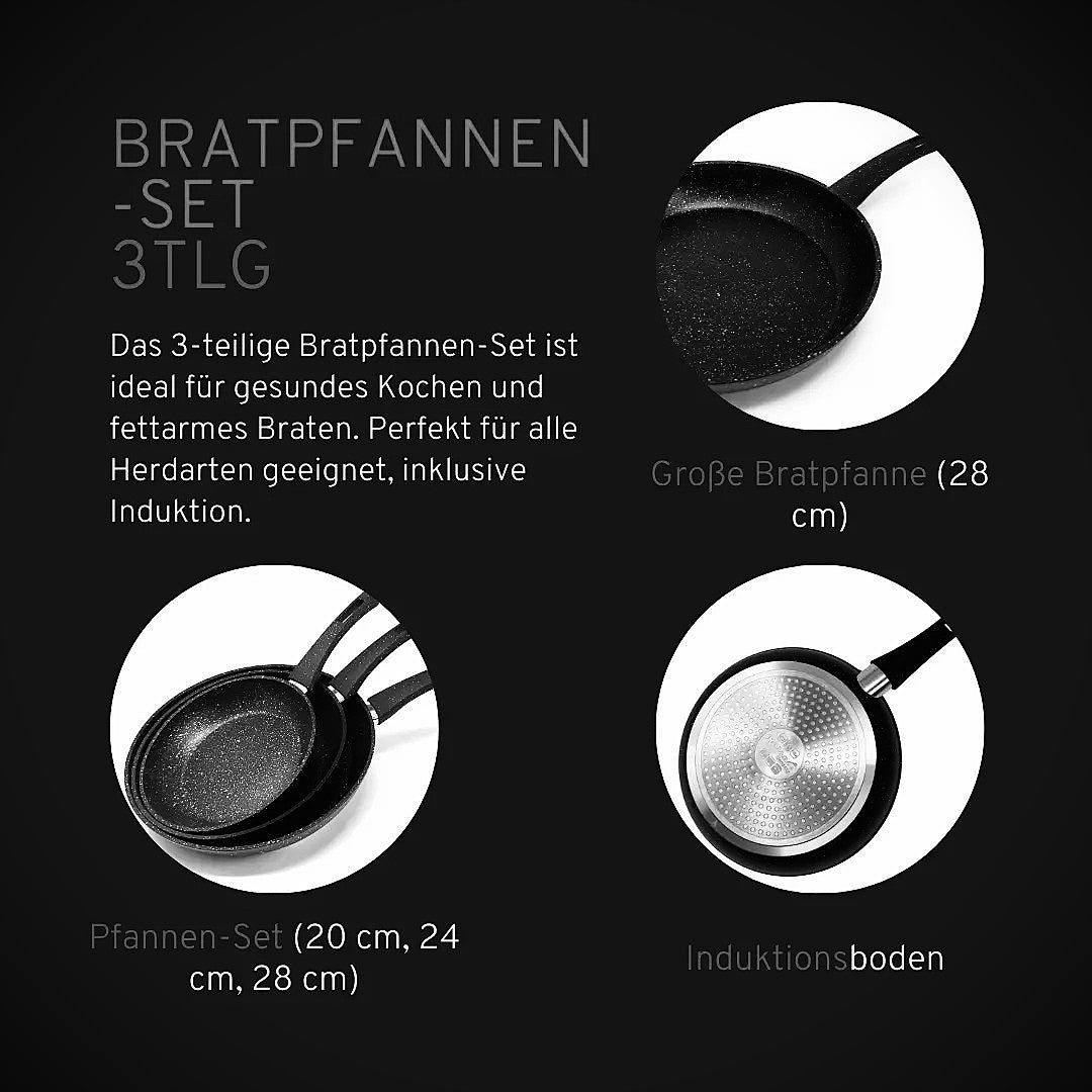 3er Bratpfannen Set Pfannenset 20/24/28 cm alle Herdarten Induktion Aluminium