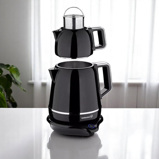Korkmaz Demiks Schwarz   A332-04 Elektrische Teemaschine – Edelstahl-Teekocher mit automatischer Abschaltung (Oben 1.1l + Unten 1,7l)